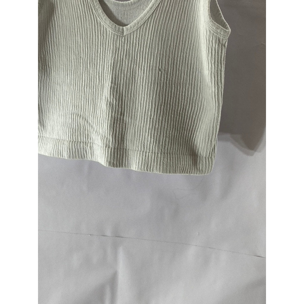 OUT FROM UNDER Women's White Ribbed Deep Scoop-Neck Cropped Tank Top SZ L