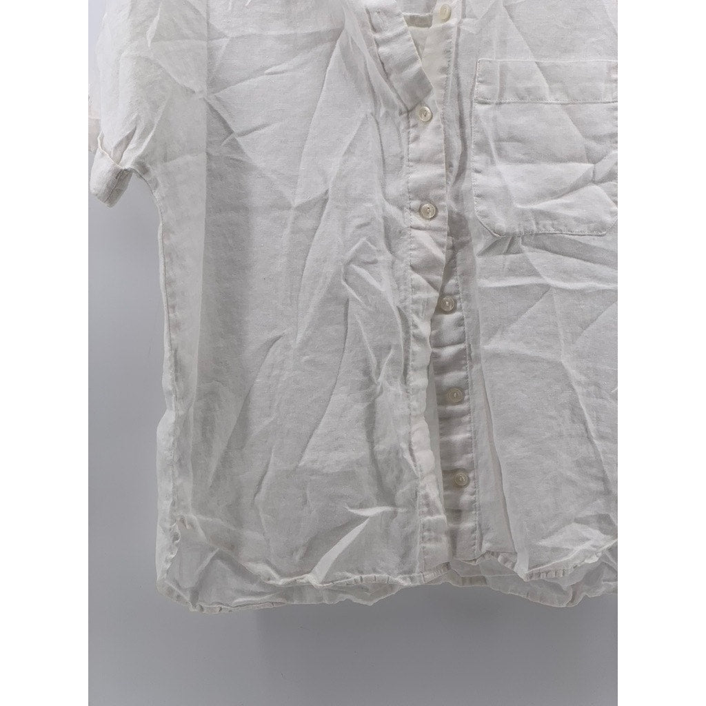 MNG Women's White Linen Button-Up Short Sleeve Top SZ 2