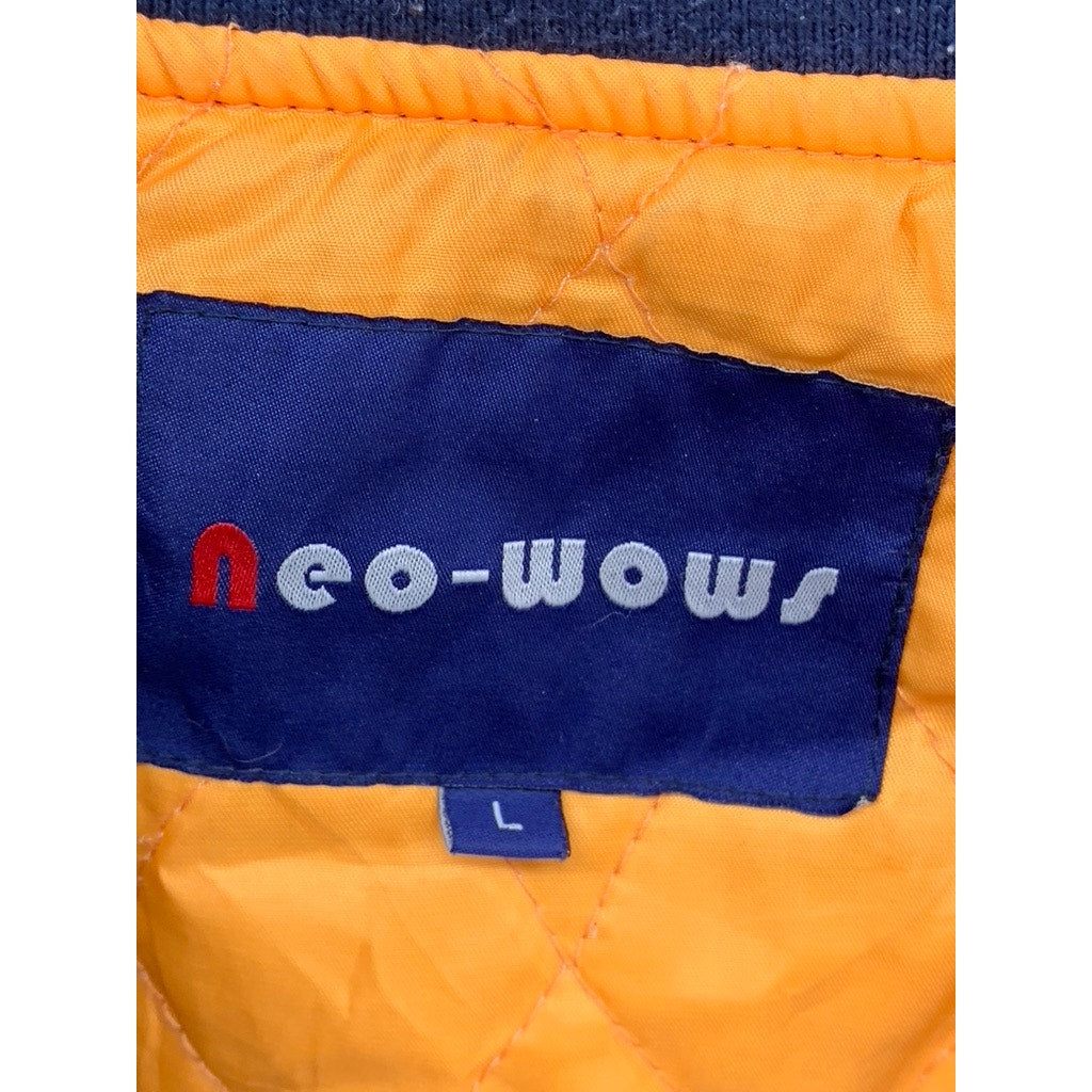 NEO-WOWS Men's Navy Vintage Patchwork Zip-Up Bomber Jacket SZ L