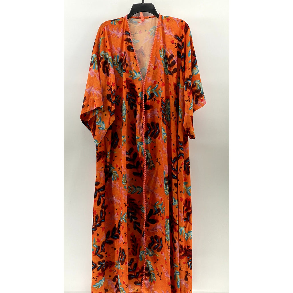 ROEGIE Women's Orange Printed Knit Trim V-Neck Loose-Fit Pullover Dress SZ M