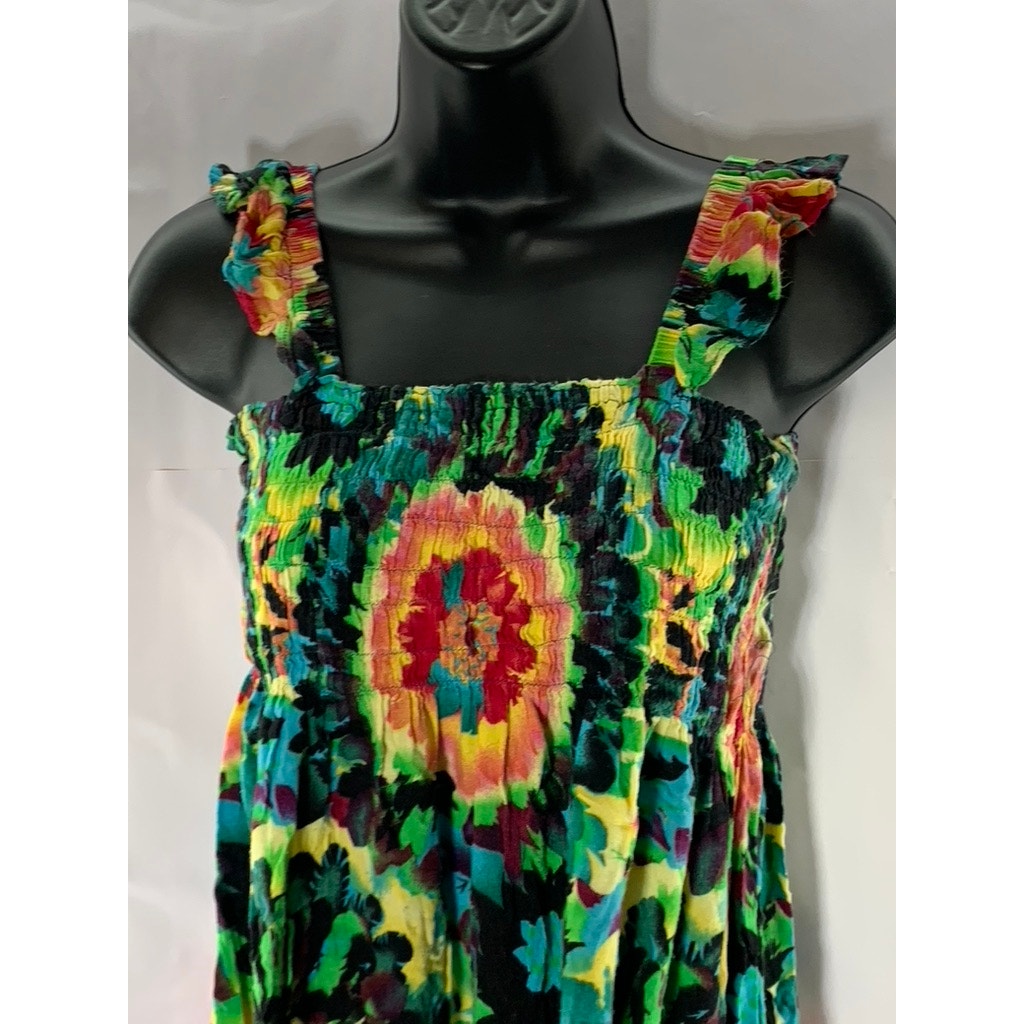 UNBRANDED Women's Green Multicolor Tie-Dye Print Smocked Ruffle Sleeve Dress SZS