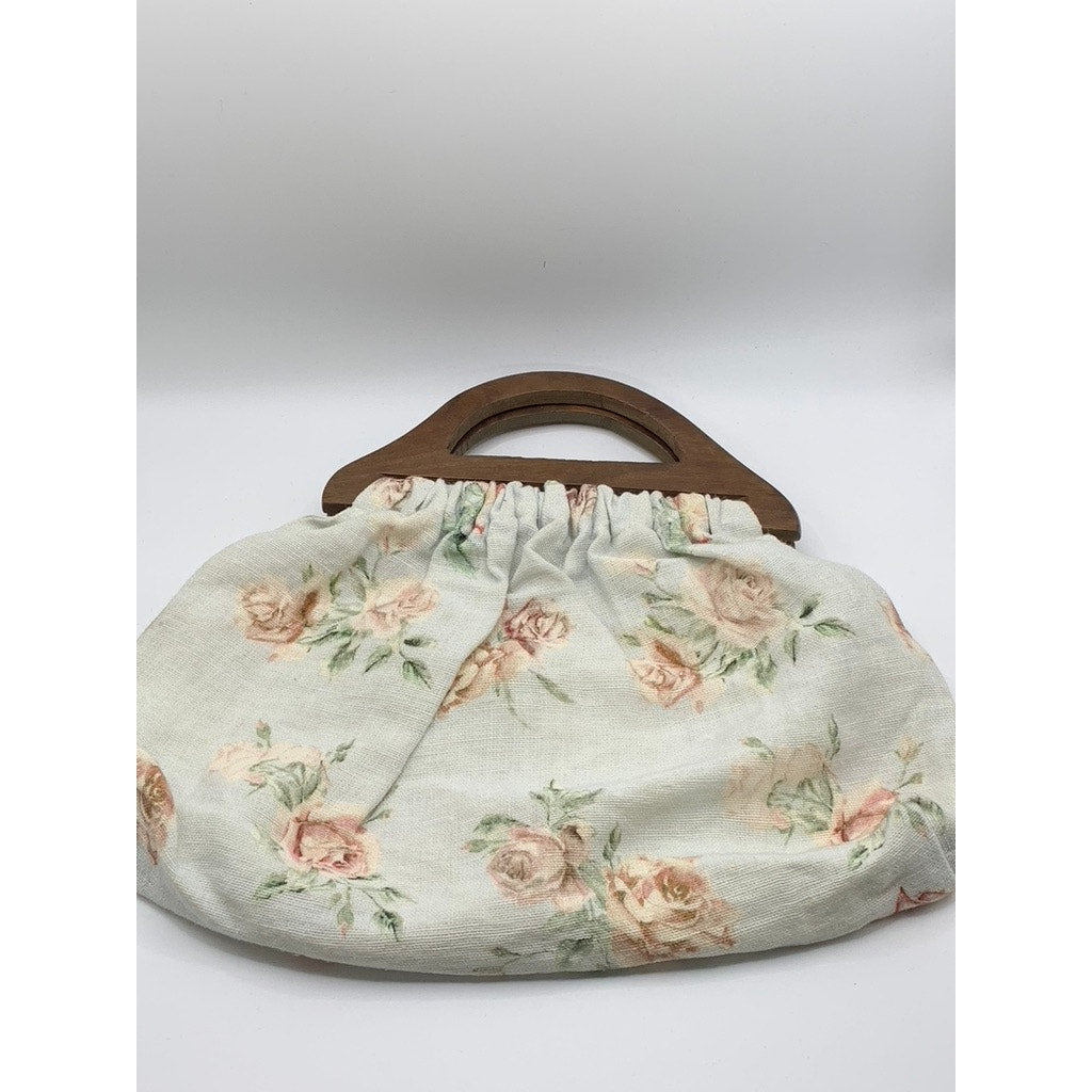 UNBRANDED Women's Mint/Brown Floral Print Cotton Canvas Handbag
