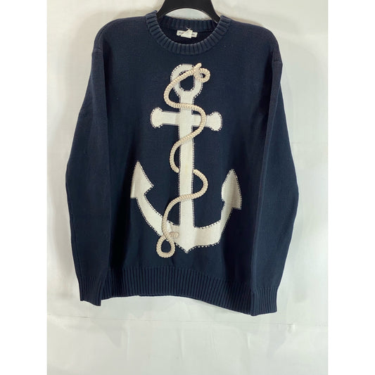 CLUB MONACO Women's Navy Crewneck Knit Anchor Rope Graphic Pullover Sweater SZ M