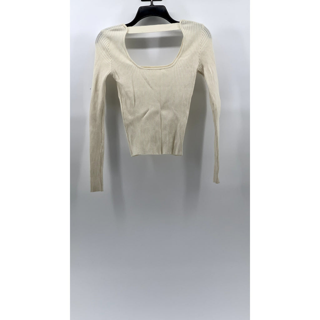 HYFVE Women’s Cream Ribbed Scoopneck Long Sleeve Cutout Top SZ S