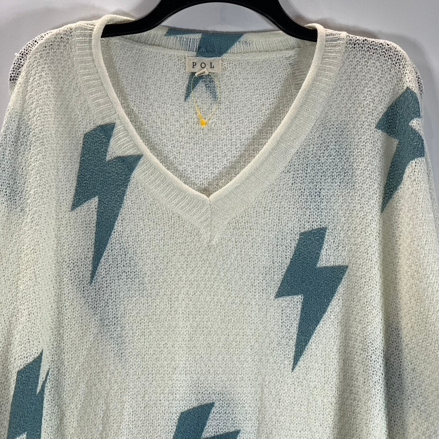 P.O.L Women's Cream Blue Lightening Bolt V-Neck Pullover Knit Sweater SZ S