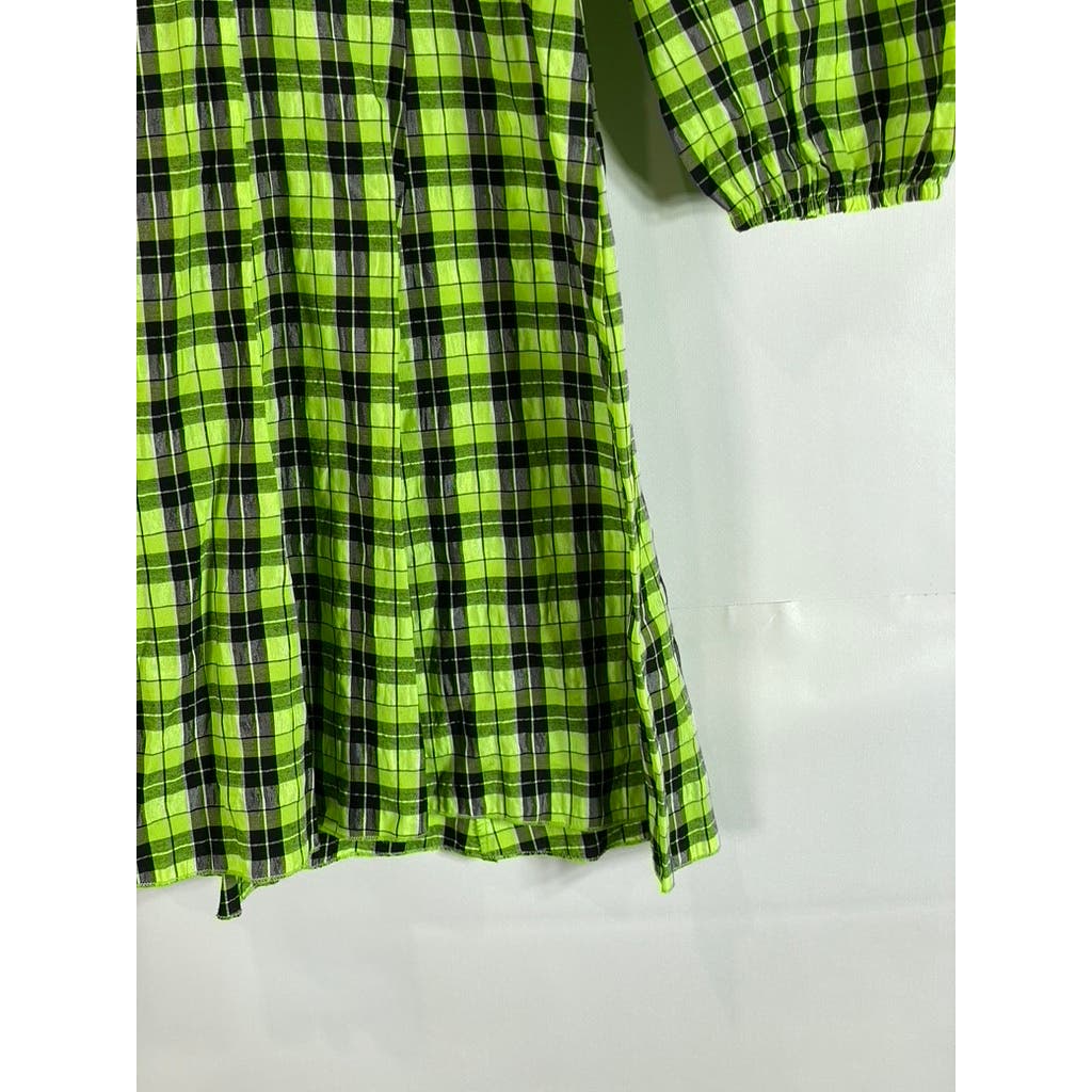 CIDER Women's Black/Green Neon Plaid V-Neck Long Sleeve Mini Dress SZ S(US4)