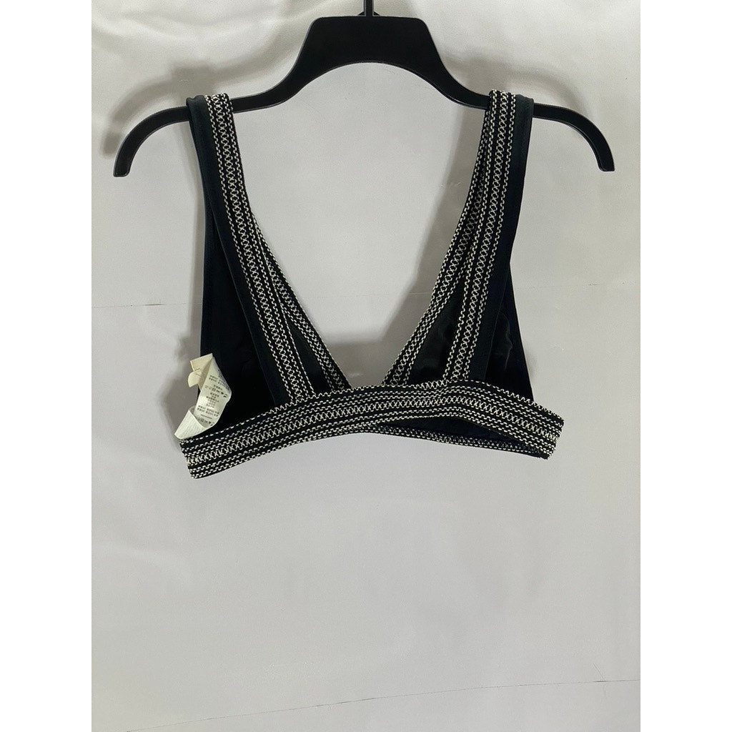 KISUII Women’s Black-White Overstitch V-Neck Pullover Bikini Top SZ M