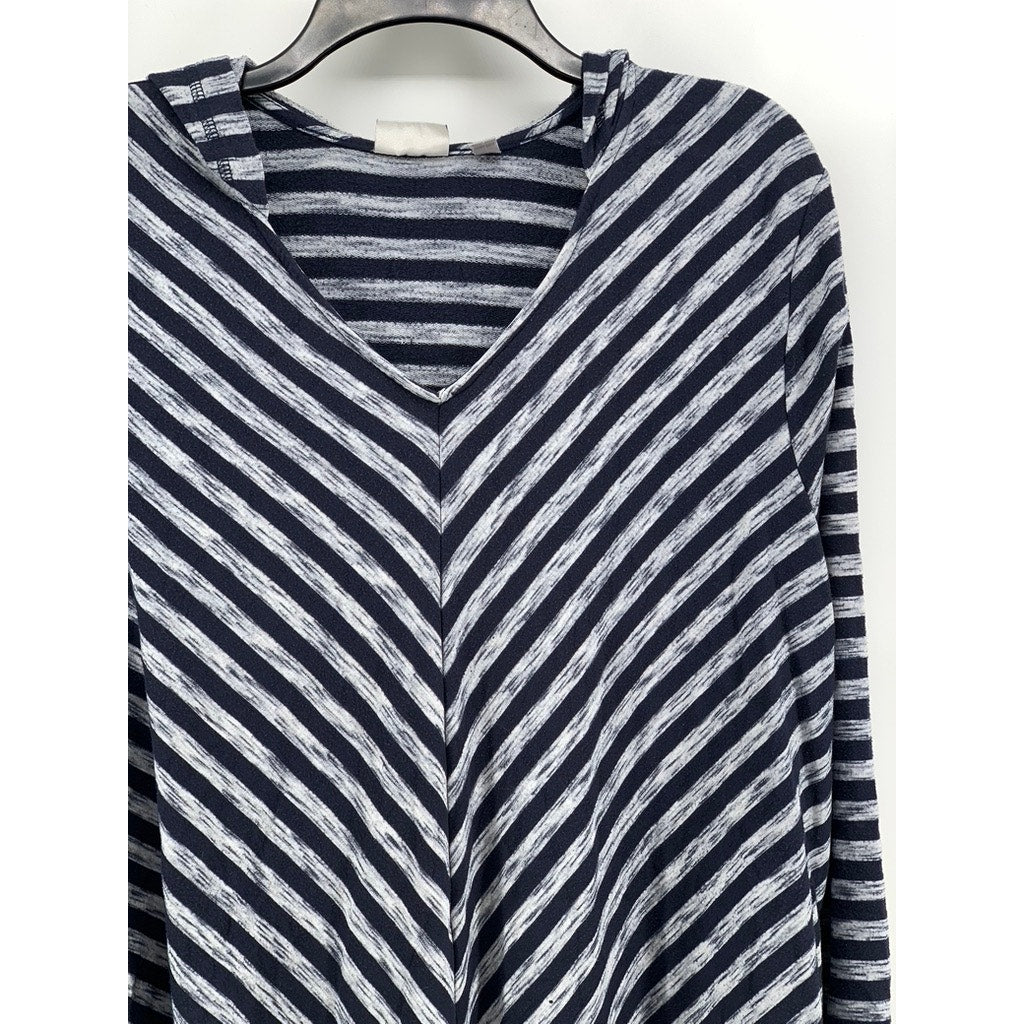 AVENUE Women's Plus Navy-Gray Striped V-Neck Hooded Long Sleeve Top 22/24