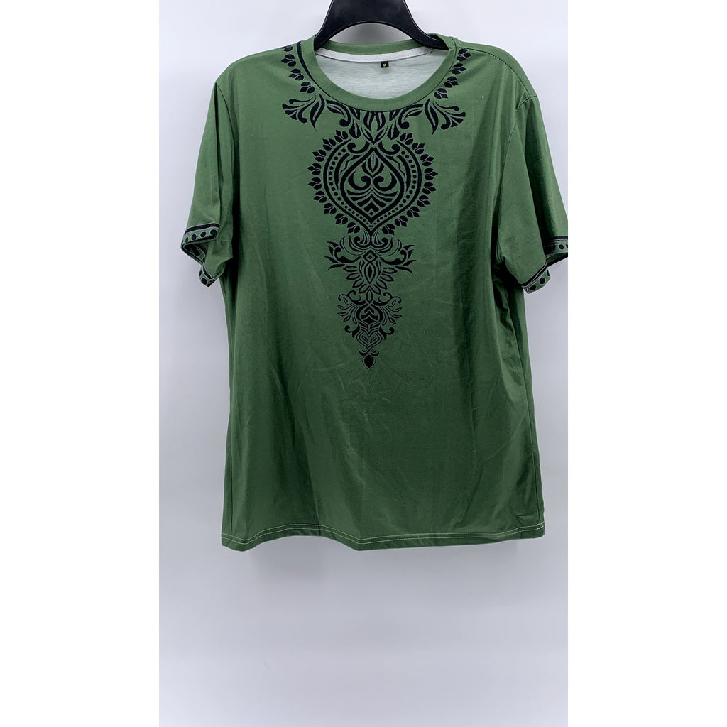 UNBRANDED Women's Green-Black Printed Crewneck Short Sleeve Top SZ M