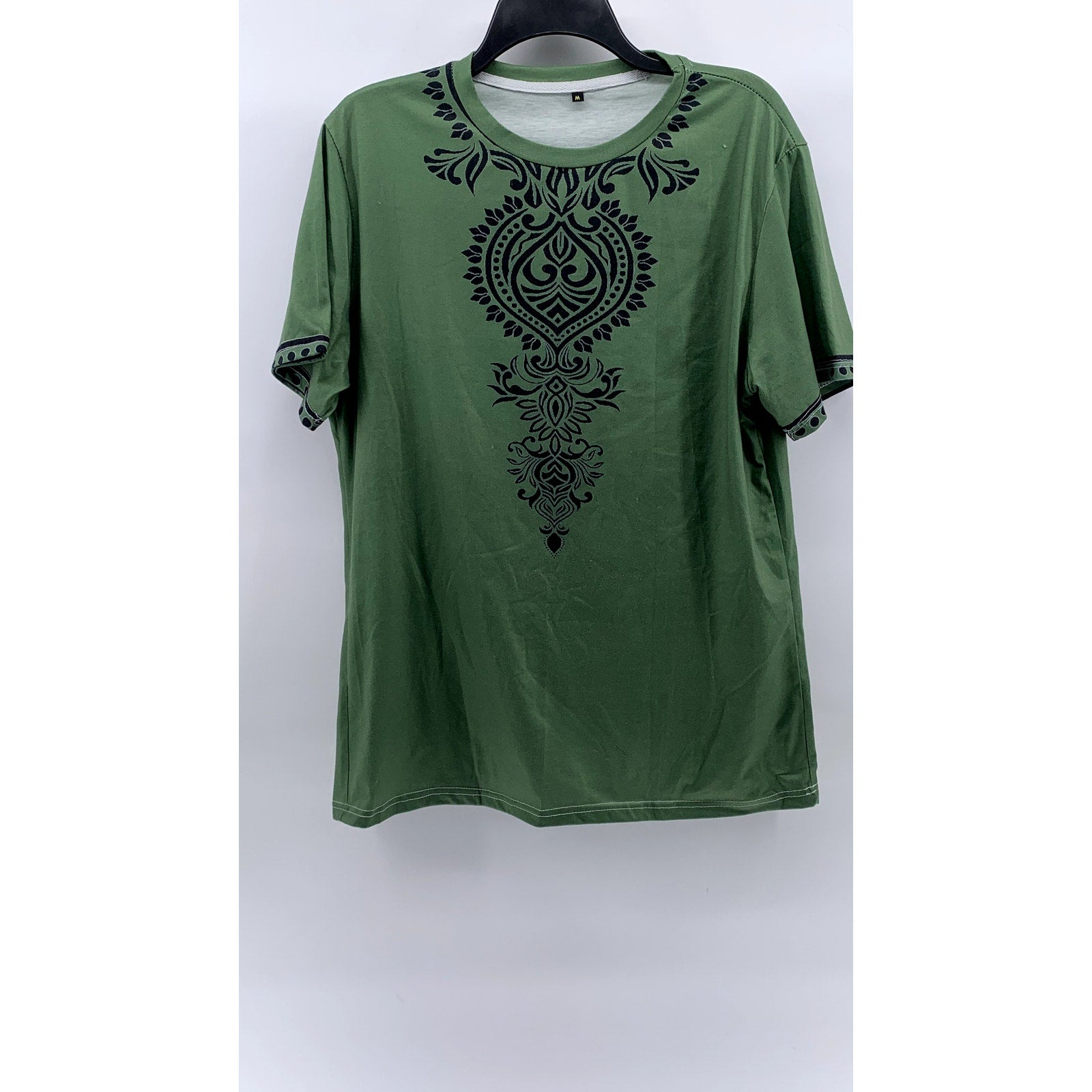 UNBRANDED Women's Green-Black Printed Crewneck Short Sleeve Top SZ M