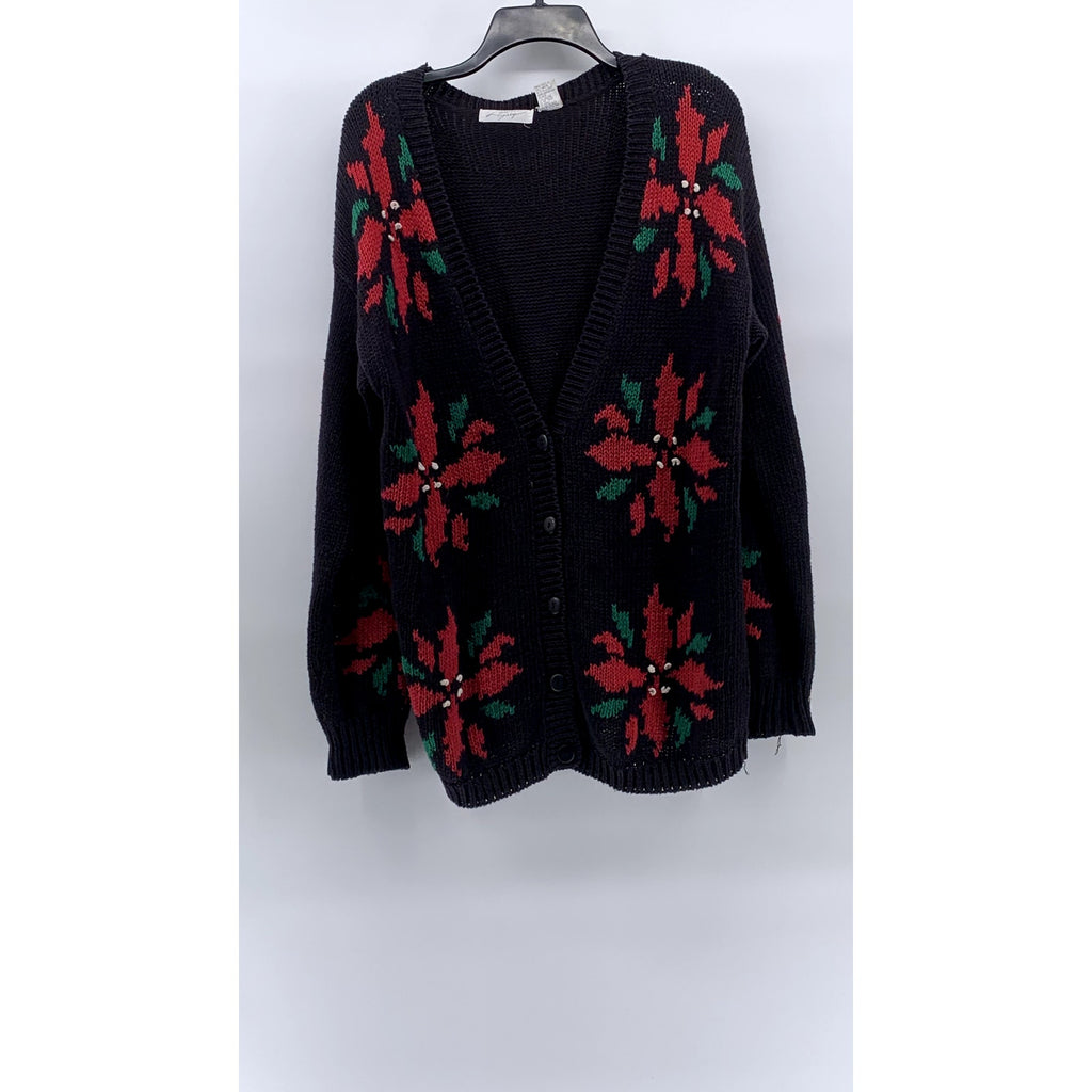 LAUREN GREY Women's Vintage Black-Red Poinsettia Knit Button-Up Cardigan SZ M