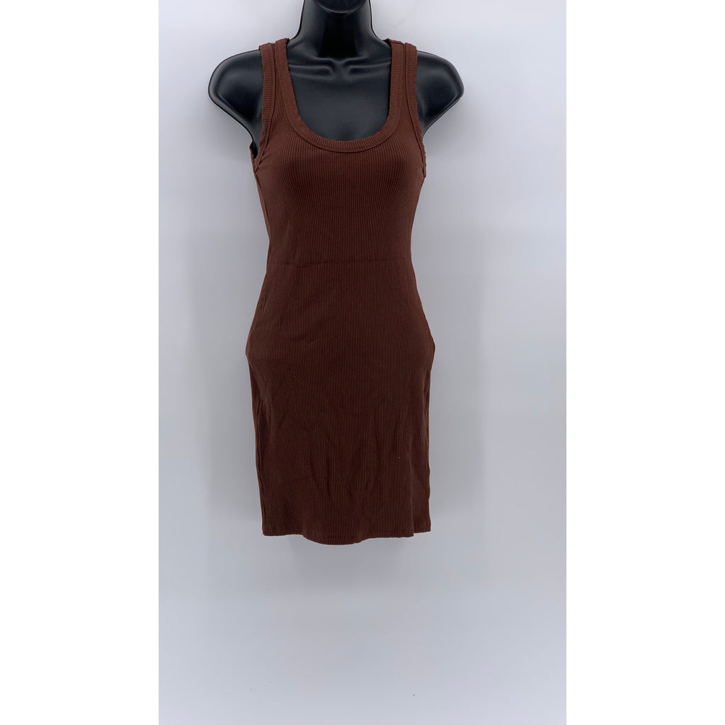 FOREVER 21 Women's Brown Ribbed Scoop-Neck Sleeveless Bodycon Mini Dress SZ S