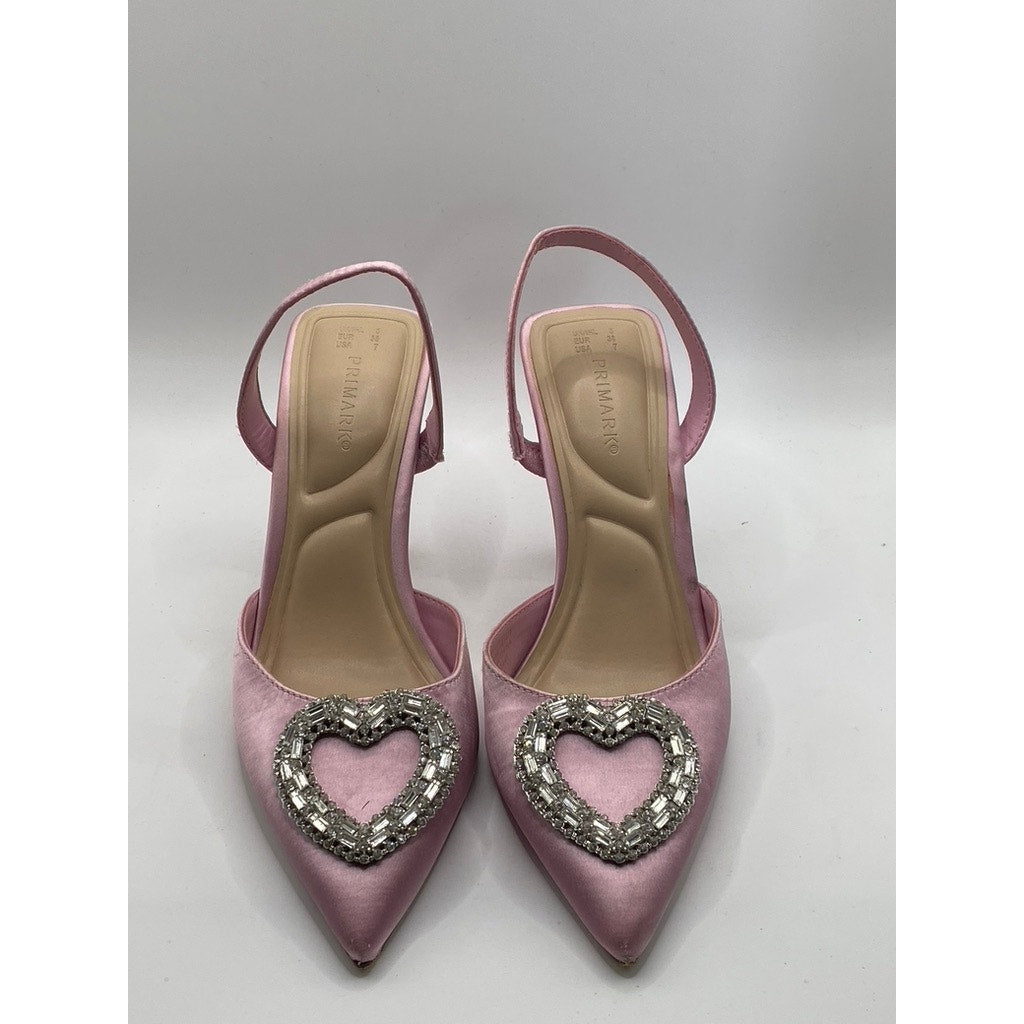 PRIMARK Women's Pink Satin Rhinestone Heart Pointed Toe Stiletto Sandals SZ 7