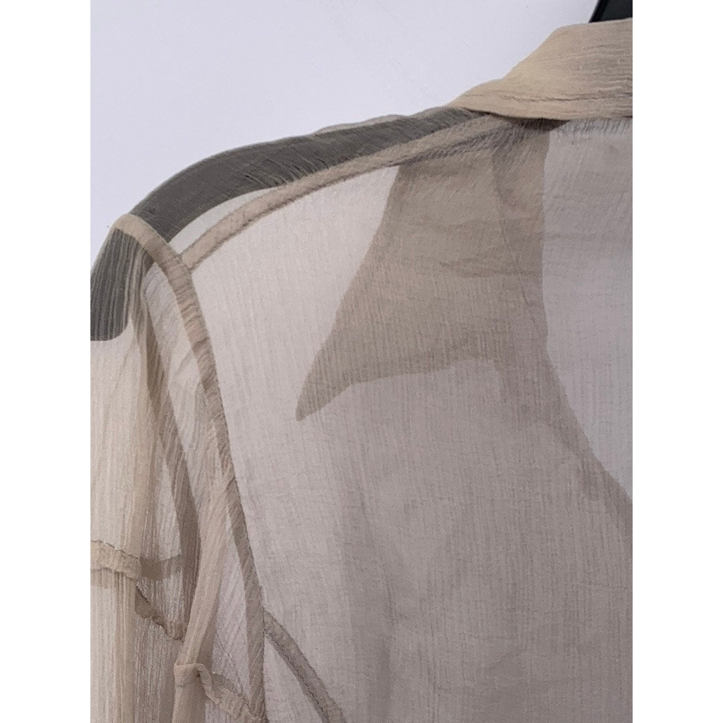 NIGEL PRESTON & KNIGHT Women’s Tan-Black Button-Up Long Sleeve Sheer Top SZ L