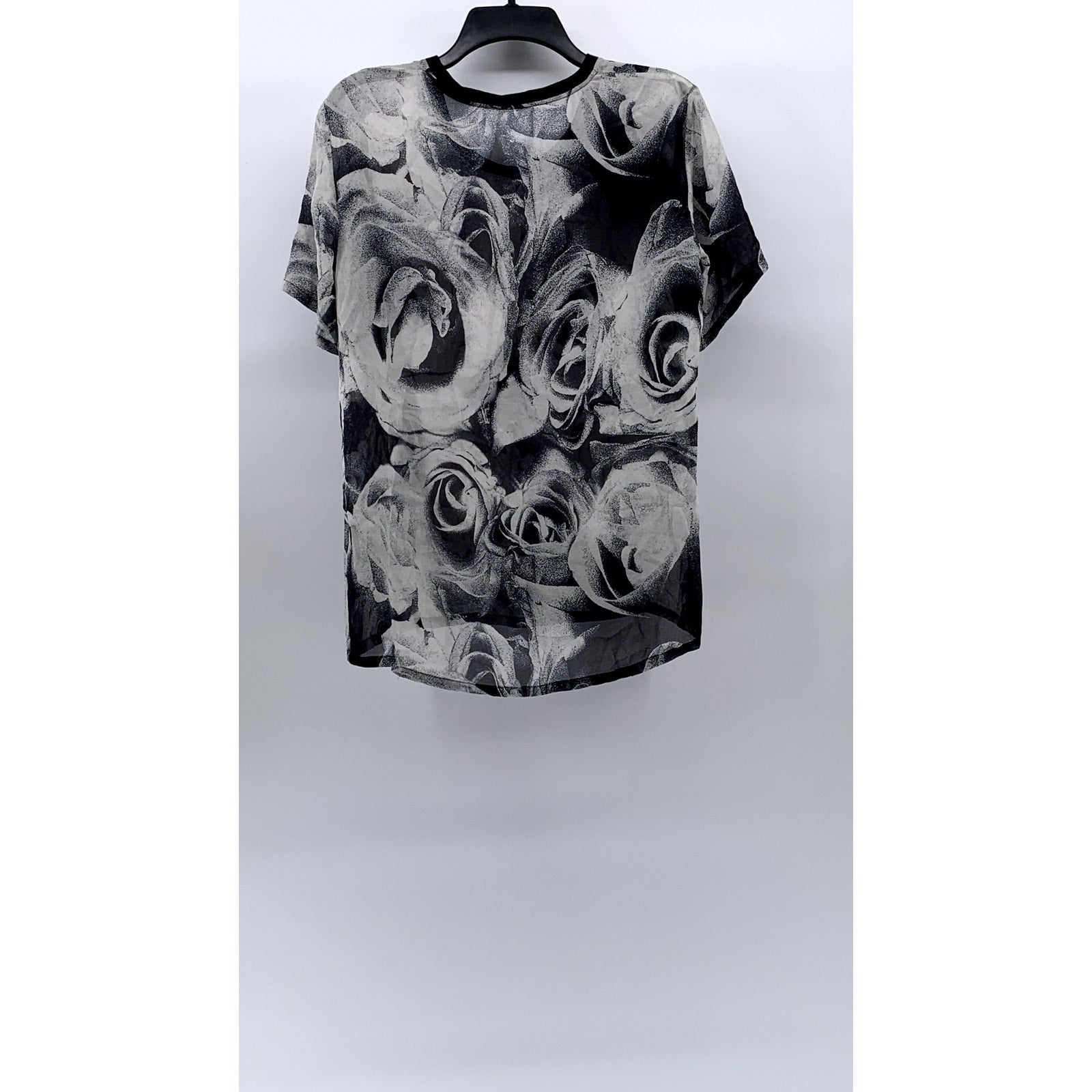 UNBRANDED Men’s Black-Gray Floral Crewneck Short Sleeve Sheer T-Shirt SZ M