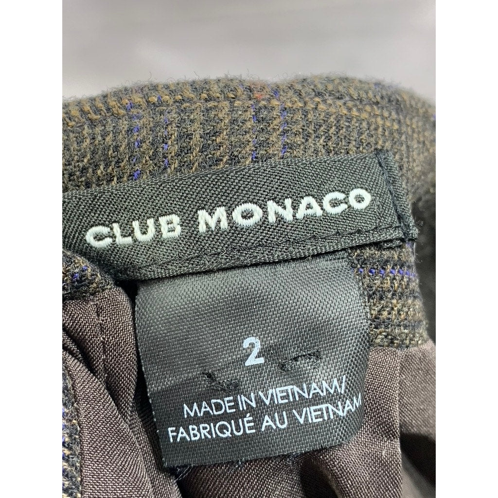 CLUB MONACO Women's Brown Plaid Wool-Blend Leather Trim Side Slit Skirt SZ 2