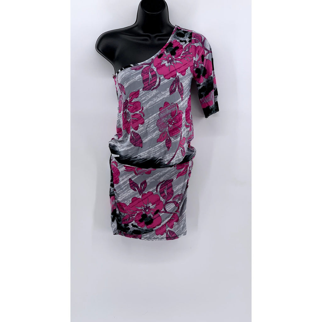 VIXEN Women's Gray-Pink Printed One-Shoulder Sleeve Bodycon Mini Dress SZ S