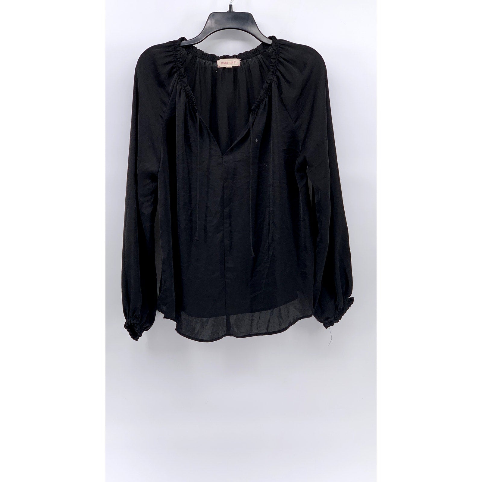 EIGHT SIXTY Women's Black Sheer Ruffle Long Sleeve Tie-Neck Top SZ S