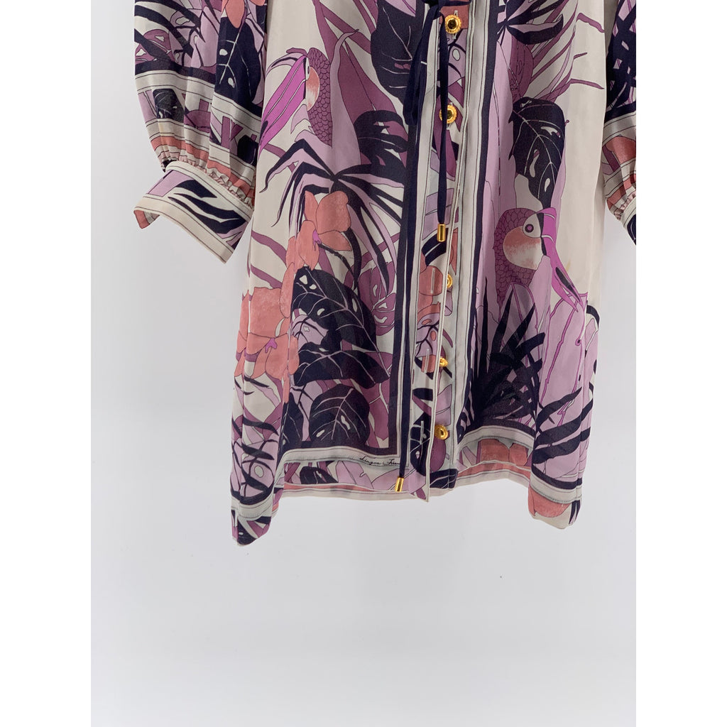 LINGUA FRANCA Women's Purple-White Floral Button-Up Belted Shirt Dress SZ M
