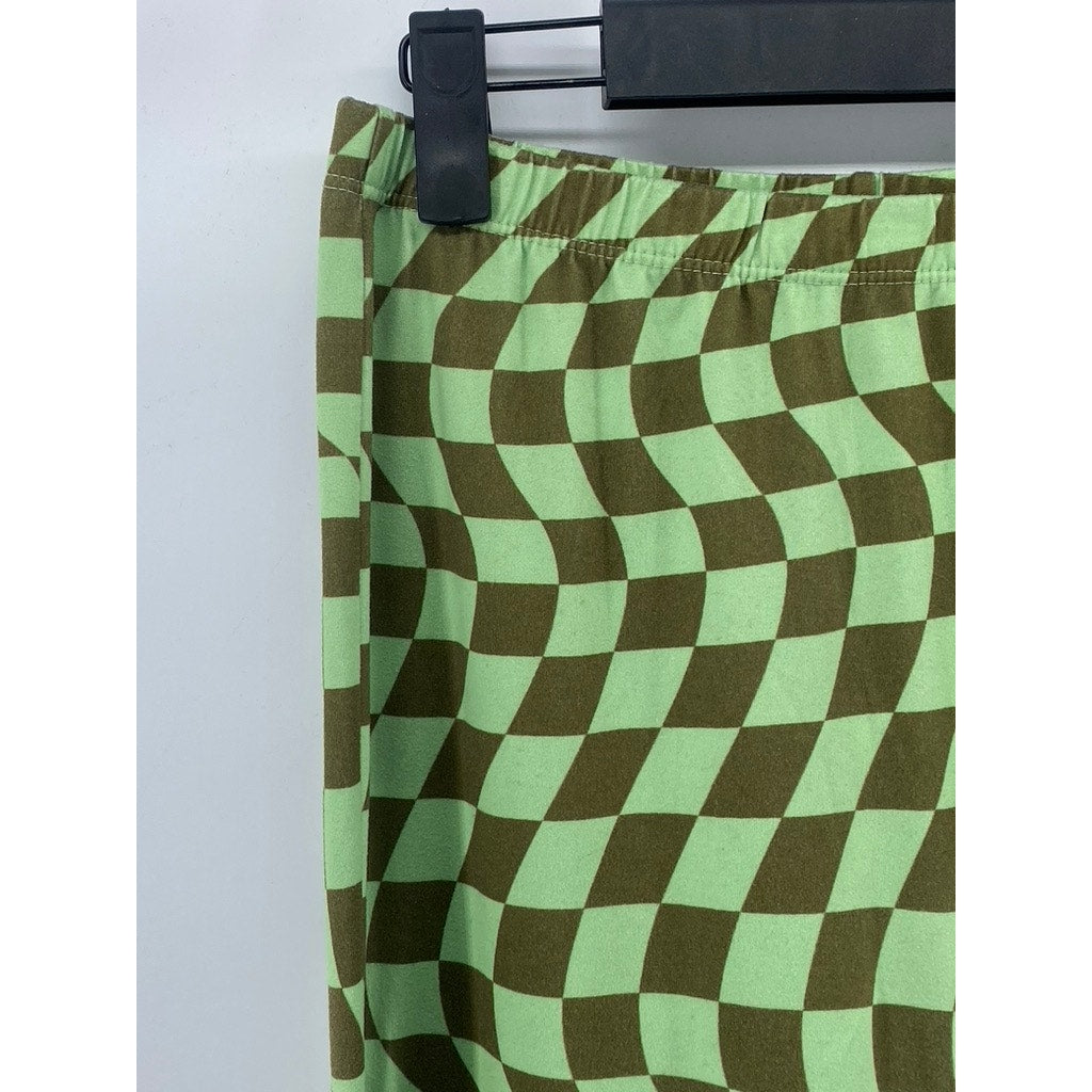 BETTER BE Women’s Green-Brown Checkered Pull-On Flared Pants SZ L
