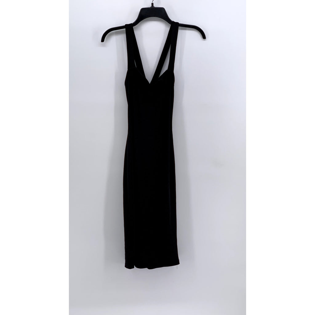 UNBRANDED Women's Black Split-Neck Ribbed Maxi Bodycon Dress SZ S