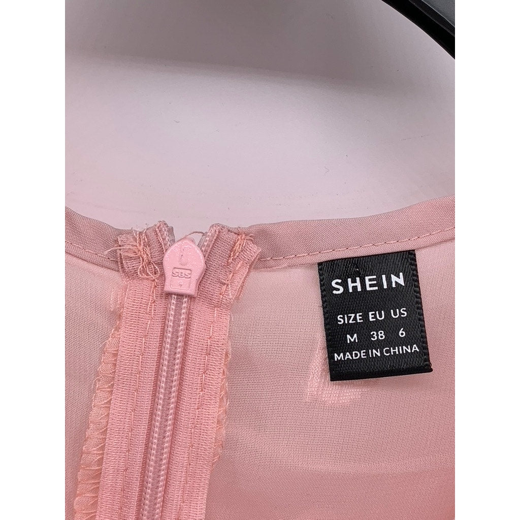 SHEIN Women's Light Pink Embroidered Short Sleeve Chiffon Midi Dress SZ 6