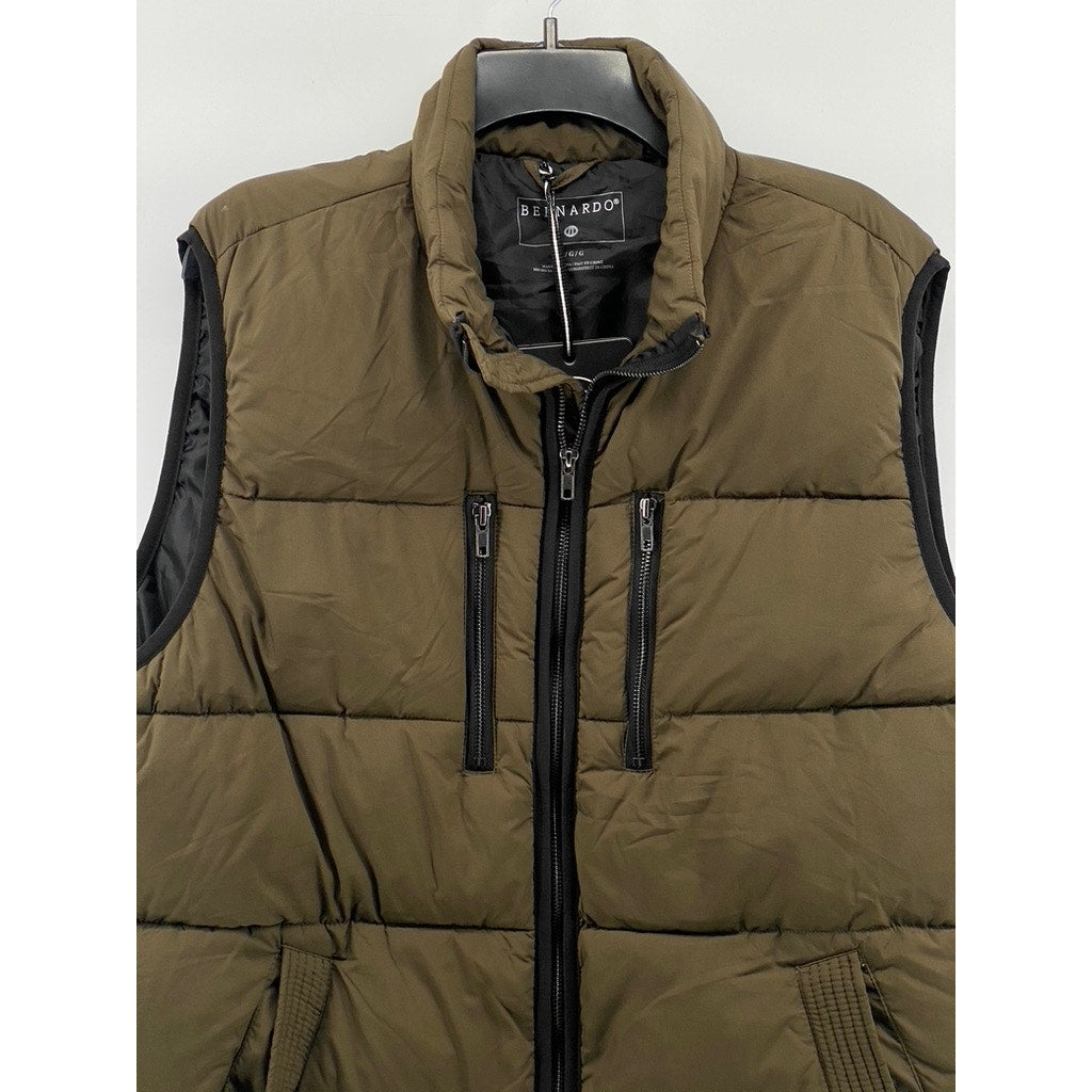 BERNARDO Men's Olive Green Stand Collar Sleeveless Zip-Up Puffer Vest SZ L