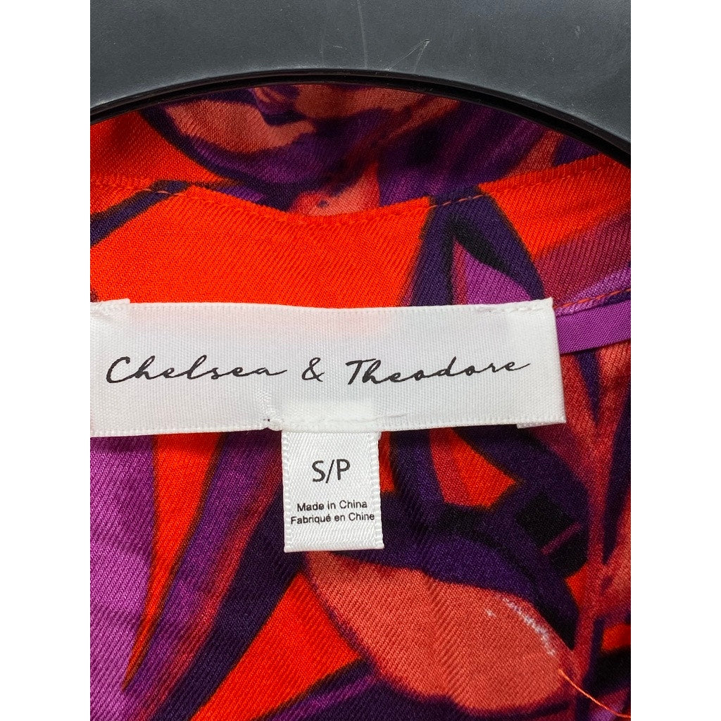 CHELSEA & THEODORE Women's Red Multi Leaf Print Button-Up Long Sleeve Top SZ S