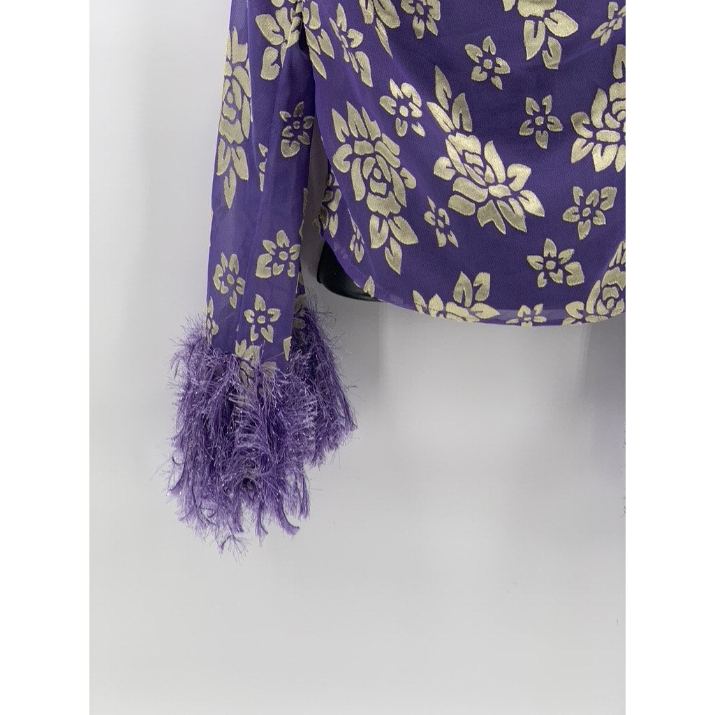 ASOS Women's Purple-Beige Floral Print Long Sleeve V-Neck Open Back Top SZ 4