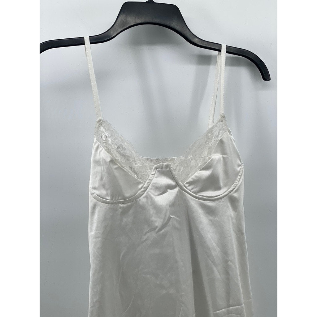 UNBRANDED Women's White Silk Lace-Trim Cutout Back Mini Night Gown SZ M