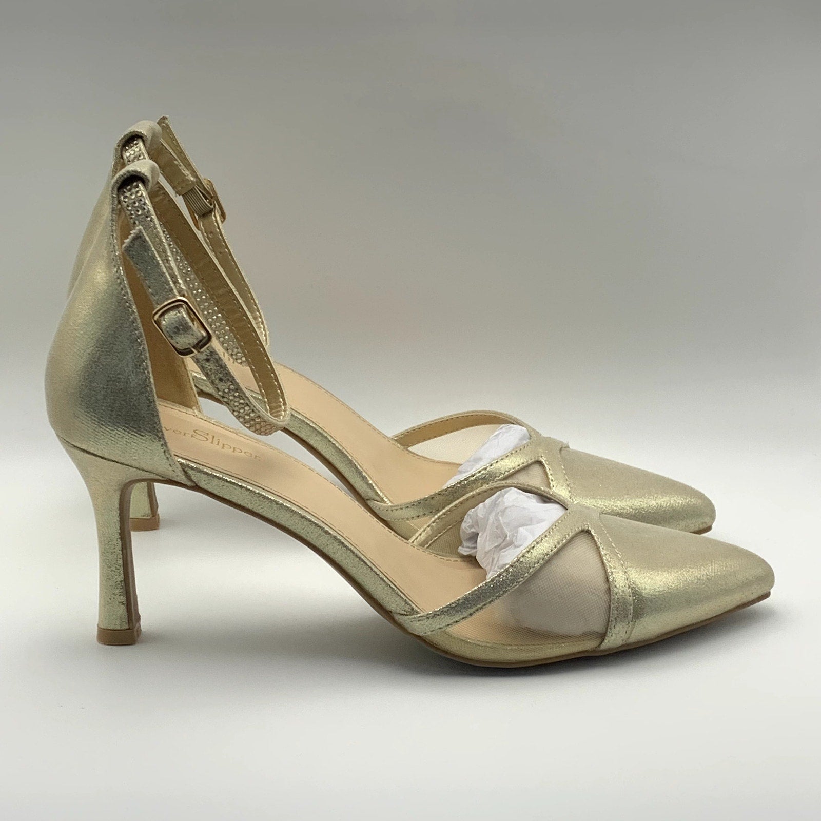 SILVER SLIPPER Women's Gold Ella Pointed-Toe Ankle-Strap Rhinestone Heels SZ8.5