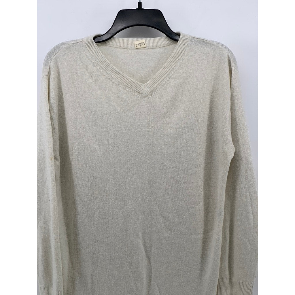 UNBRANDED Men's Off-White V-Neck Knit Long Sleeve Pullover Sweater SZ L