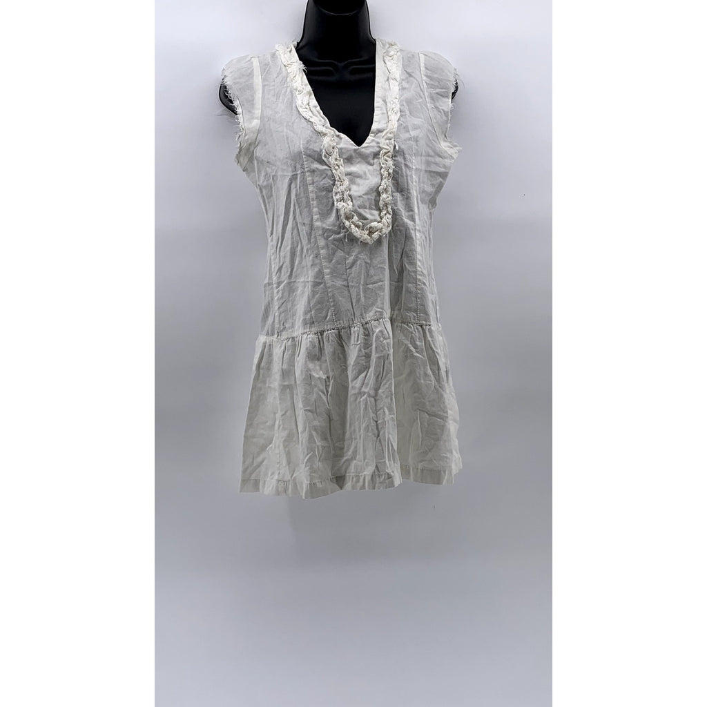 LOVESTITCH Women's White Ruffle V-Neck Raw Short Sleeve Tiered Mini Dress SZ M