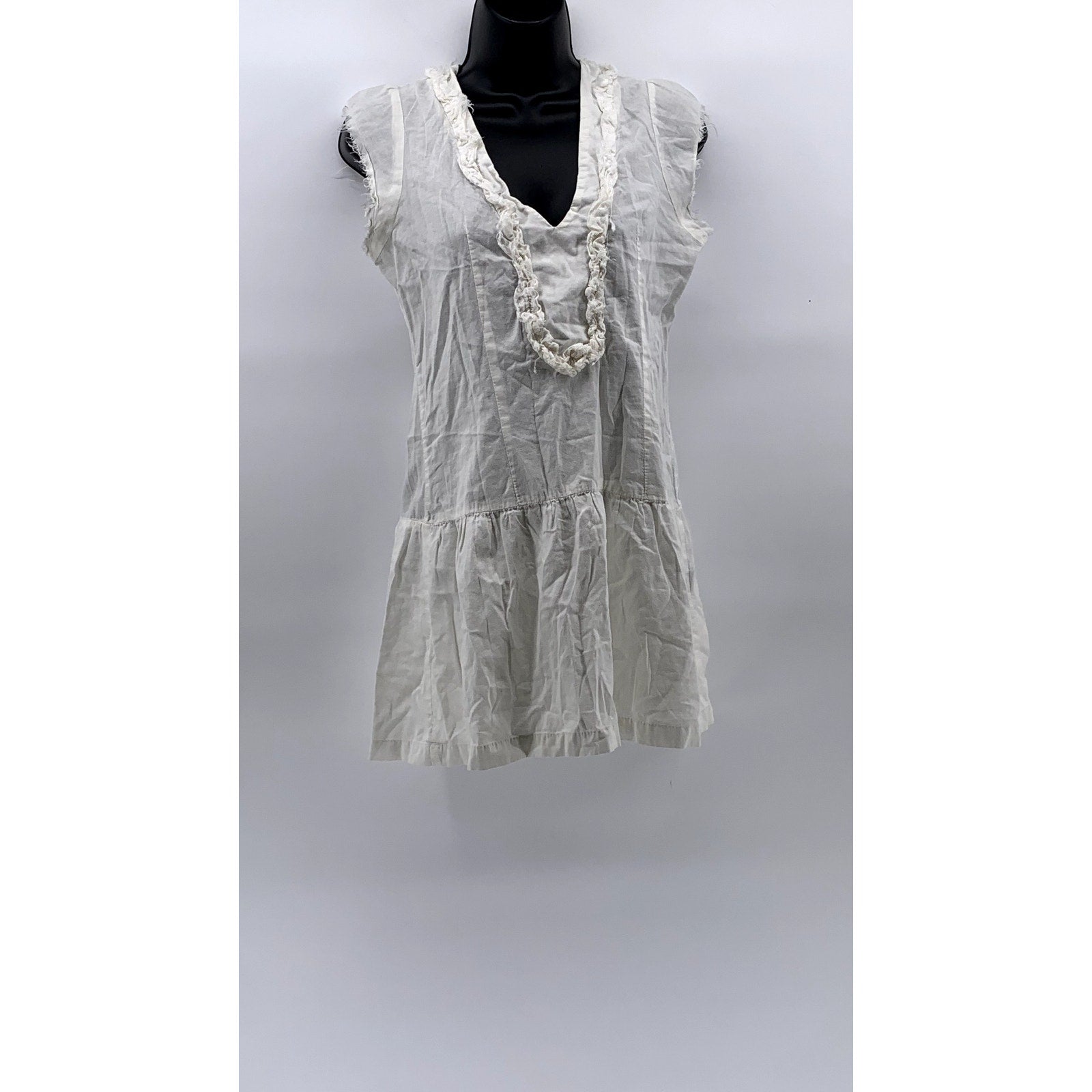 LOVESTITCH Women's White Ruffle V-Neck Raw Short Sleeve Tiered Mini Dress SZ M