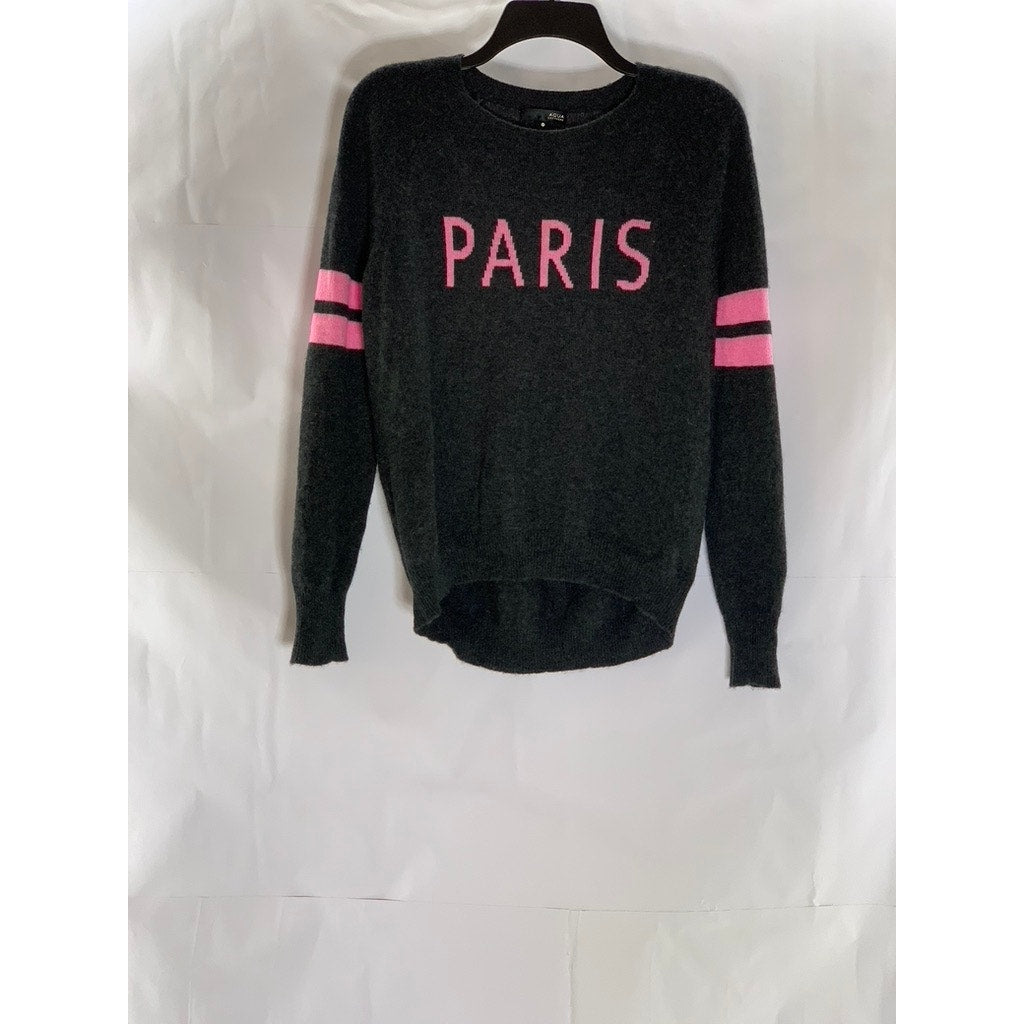 AQUA Women's Dark Gray-Pink "Paris" Logo Crewneck Cashmere Hi-Low Sweater SZ XS