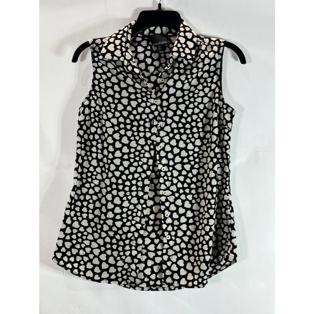 CYNTHIA ROWLEY Women's Black/White Heart Print Sleeveless Button-Up Top SZ XS