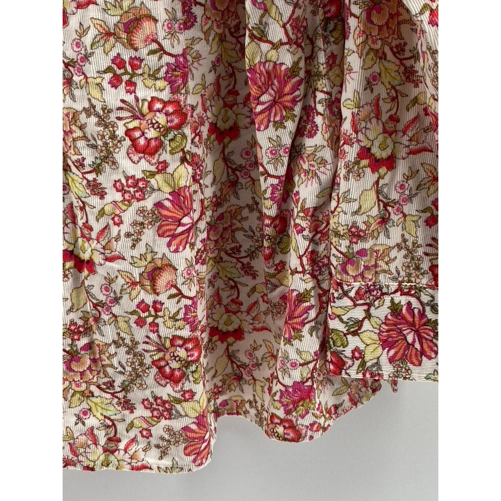 LANDS' END Women's White-Red Floral Corduroy Regular-Fit Button-Up Top SZ M