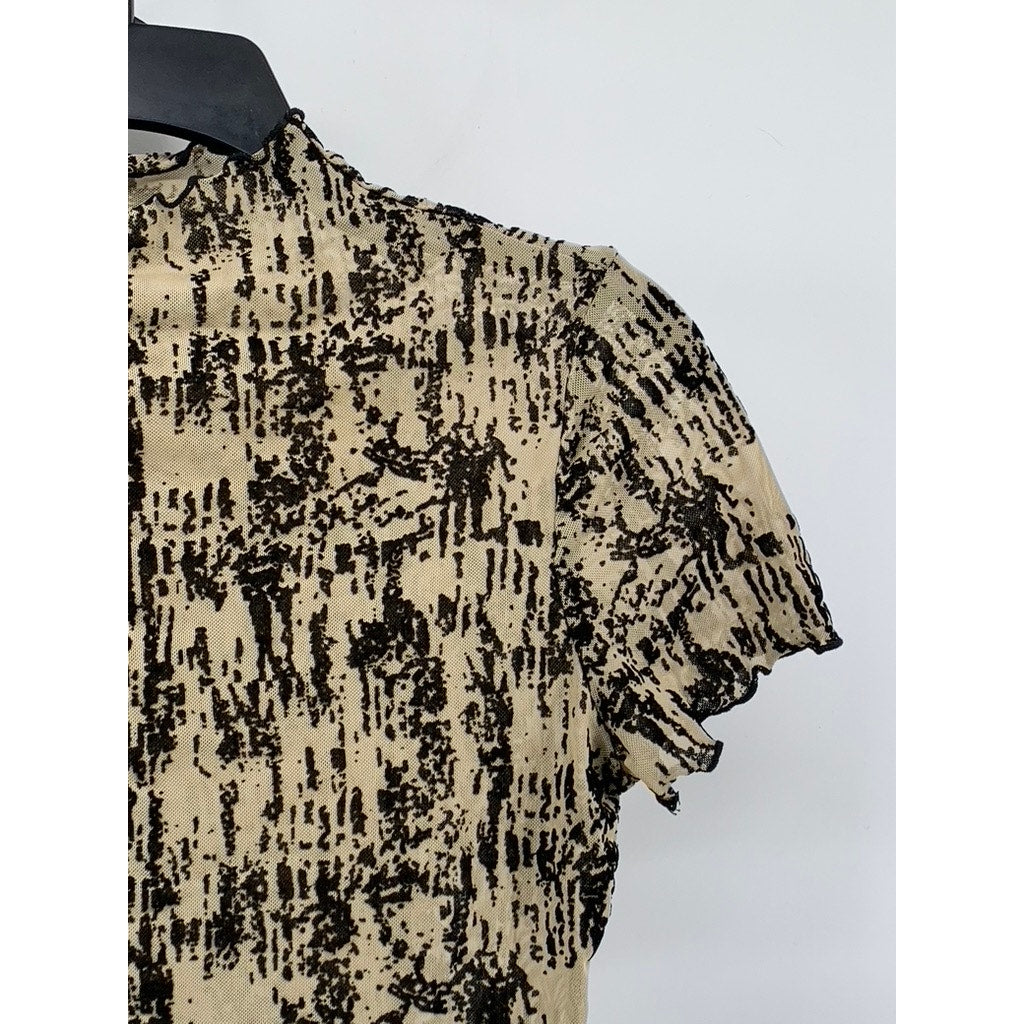UNBRANDED Women's Black-Brown Printed Short Sleeve Mock-Neck Cropped Top SZ S