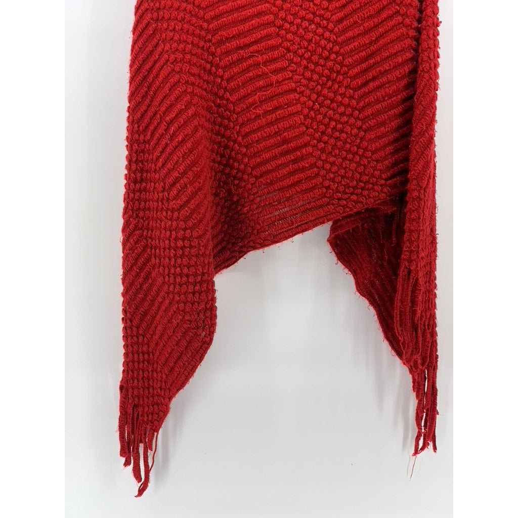 UNBRANDED Women's Red Textured Knit Asymmetrical Fringe Pullover Poncho SZ OS