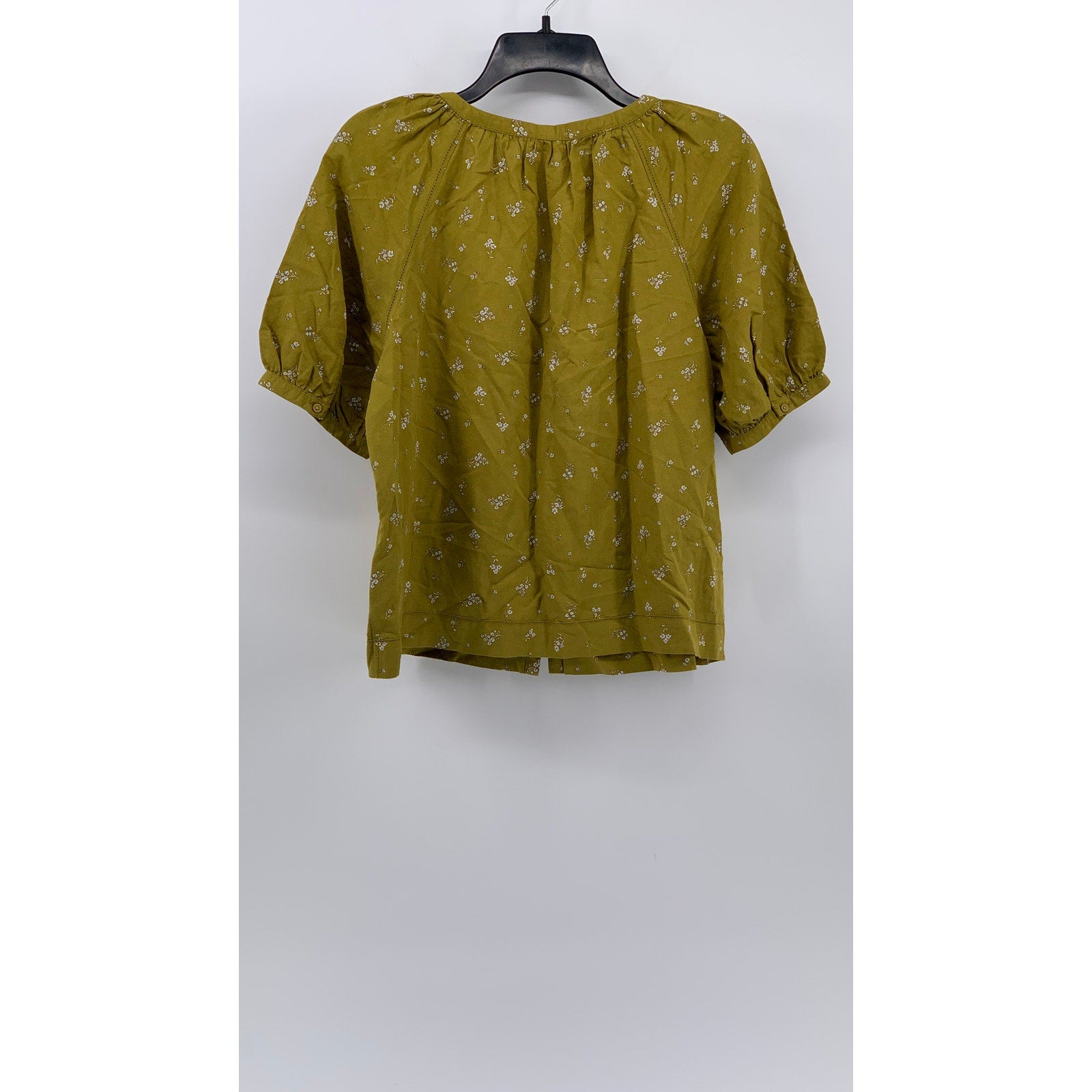 UNIQLO Women's Yellow Floral Linen-Blend Volume Short Sleeve Button-Up Top SZ S