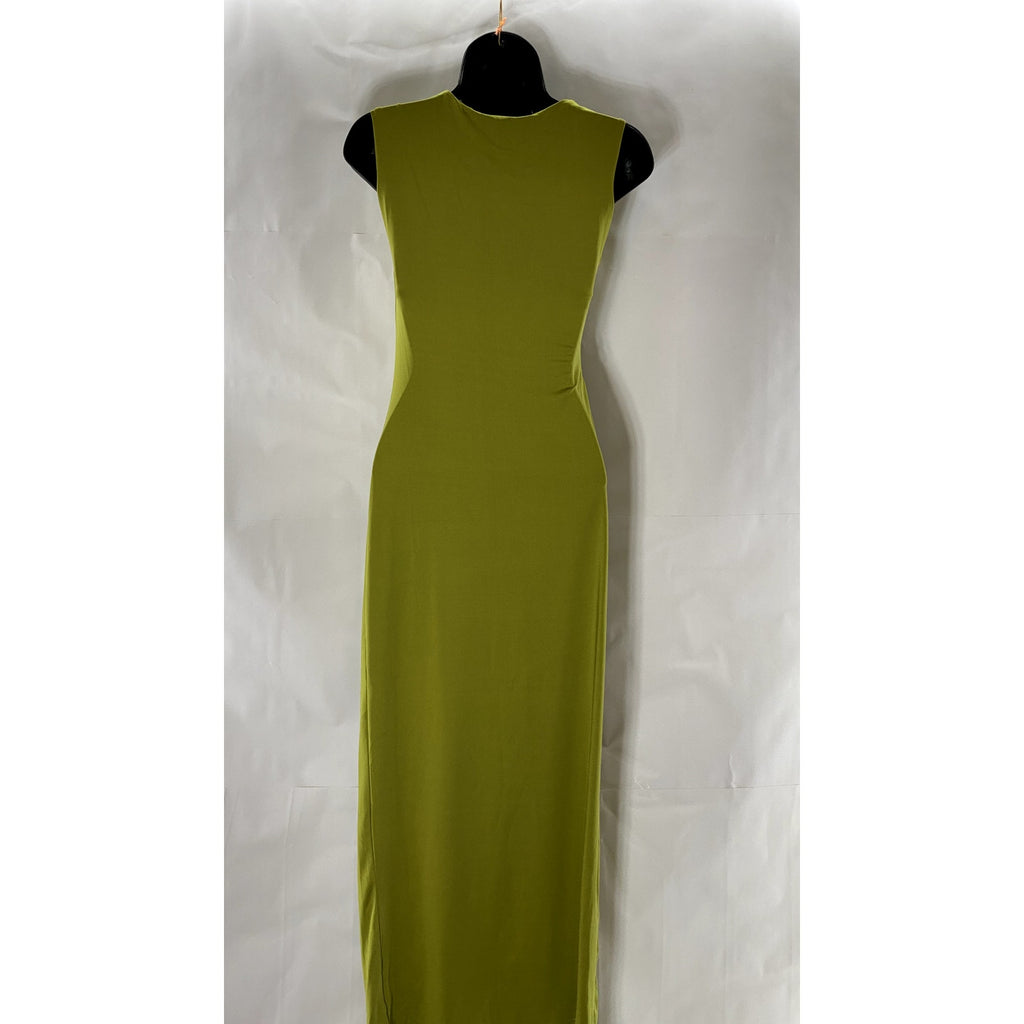 CIDER Women's Olive Green Asymmetrical Ruched Side Slit Maxi Dress SZ XS