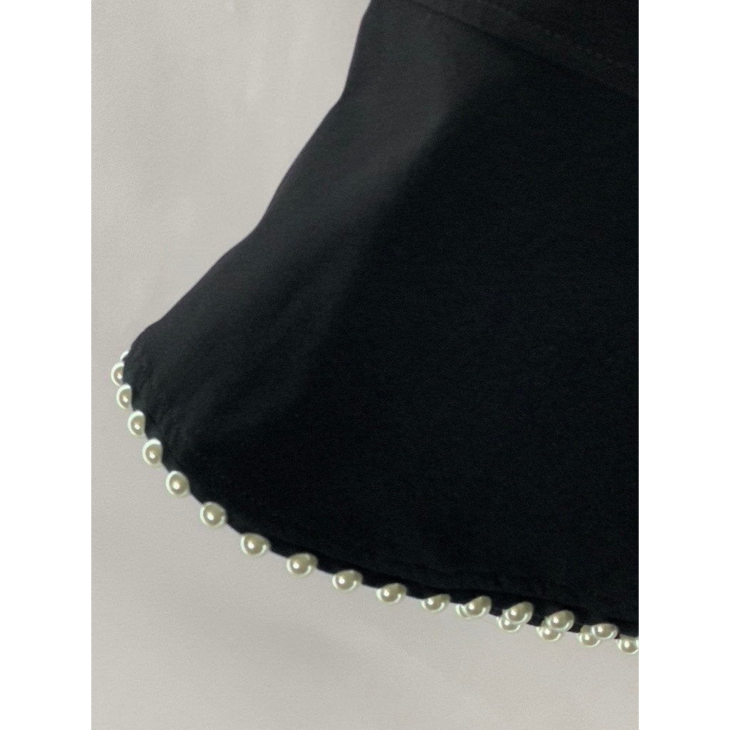 OCHIRLY Women's Black/Cream Embellished Pearl Trim Ruffle-Hem Mini Skirt SZ M
