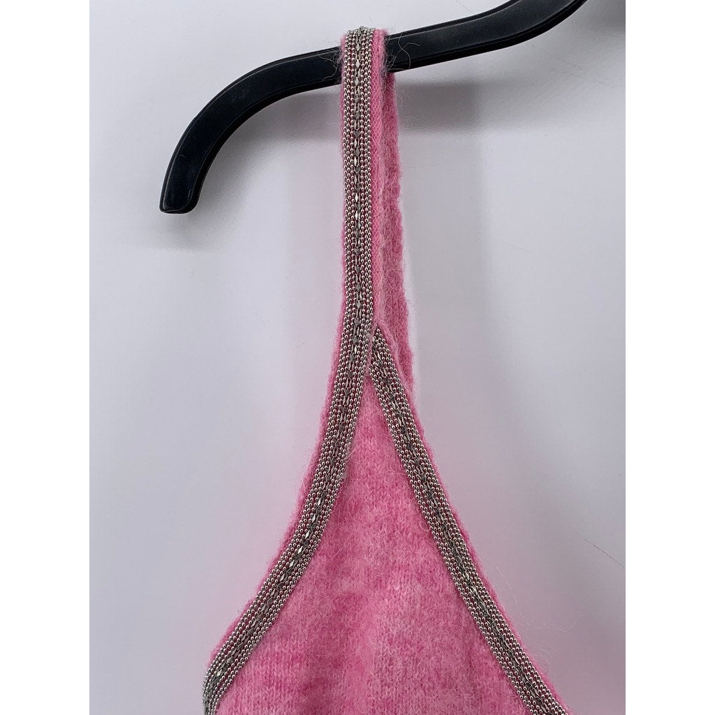 ZARA Women's Pink V-Neck Alpaca-Wool Blend Embellished A-Line Mini Dress SZ L