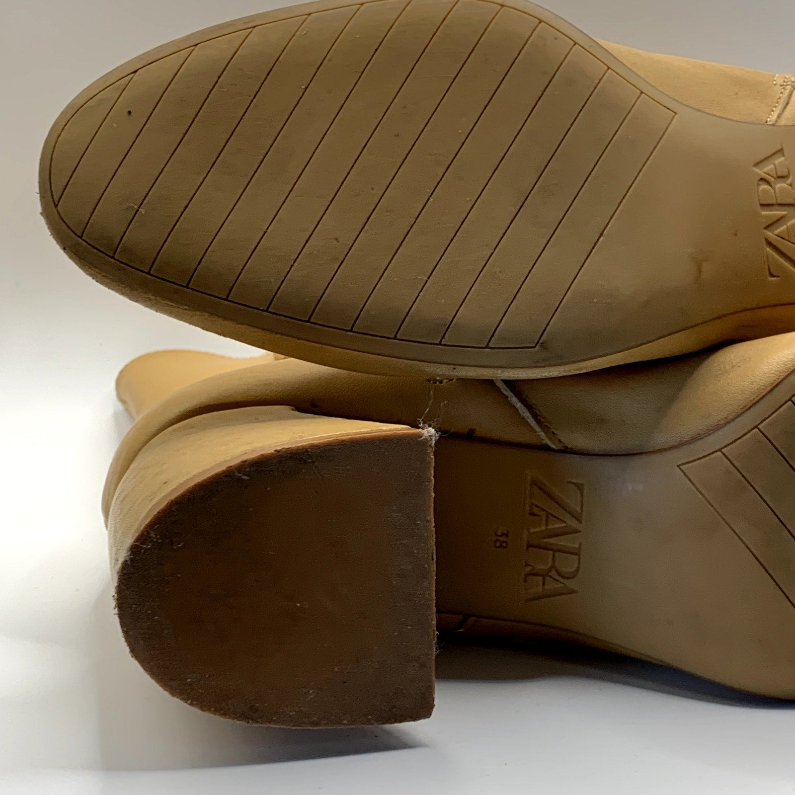 ZARA Women's Tan Faux-Leather Block-Heel Round-Toe Ankle Boots SZ 8