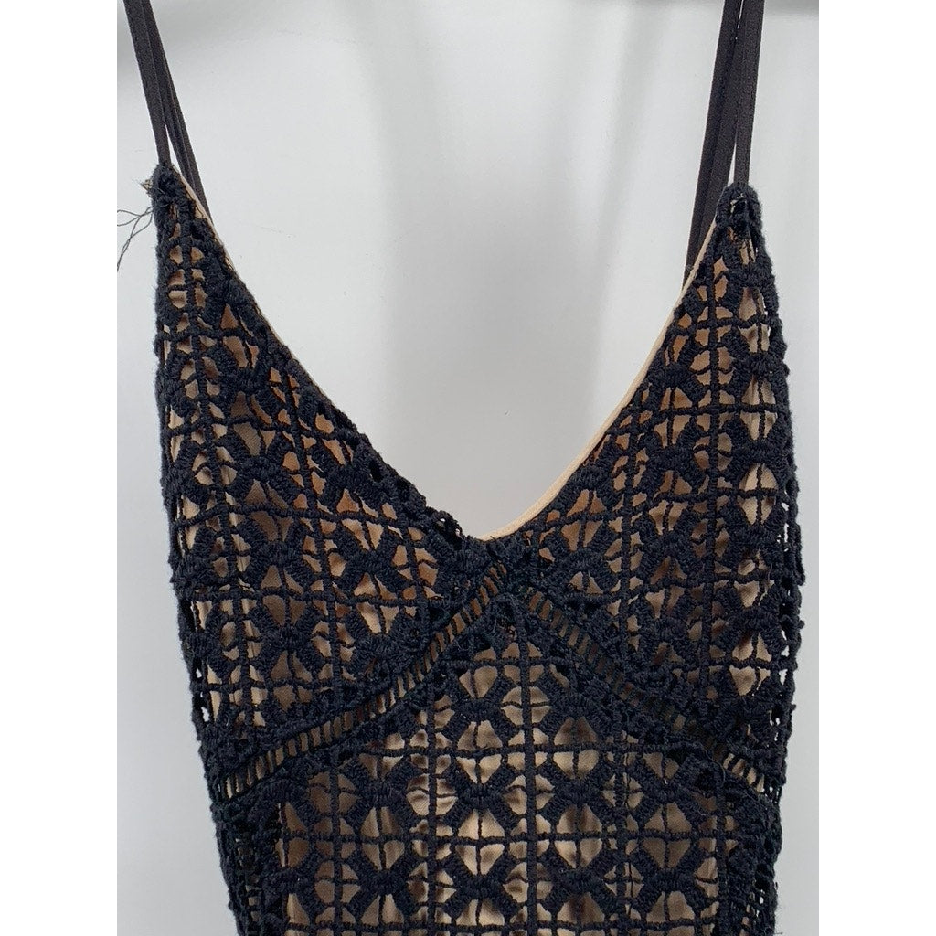 J.O.A LOS ANGELES Women's Black-Beige Spaghetti Strap V-Neck Crochet Dress SZ XS