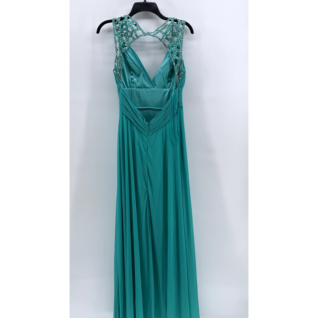BETSY & ADAM Women's Blue Pleated Rhinestone Cutout Maxi Gown SZ 8