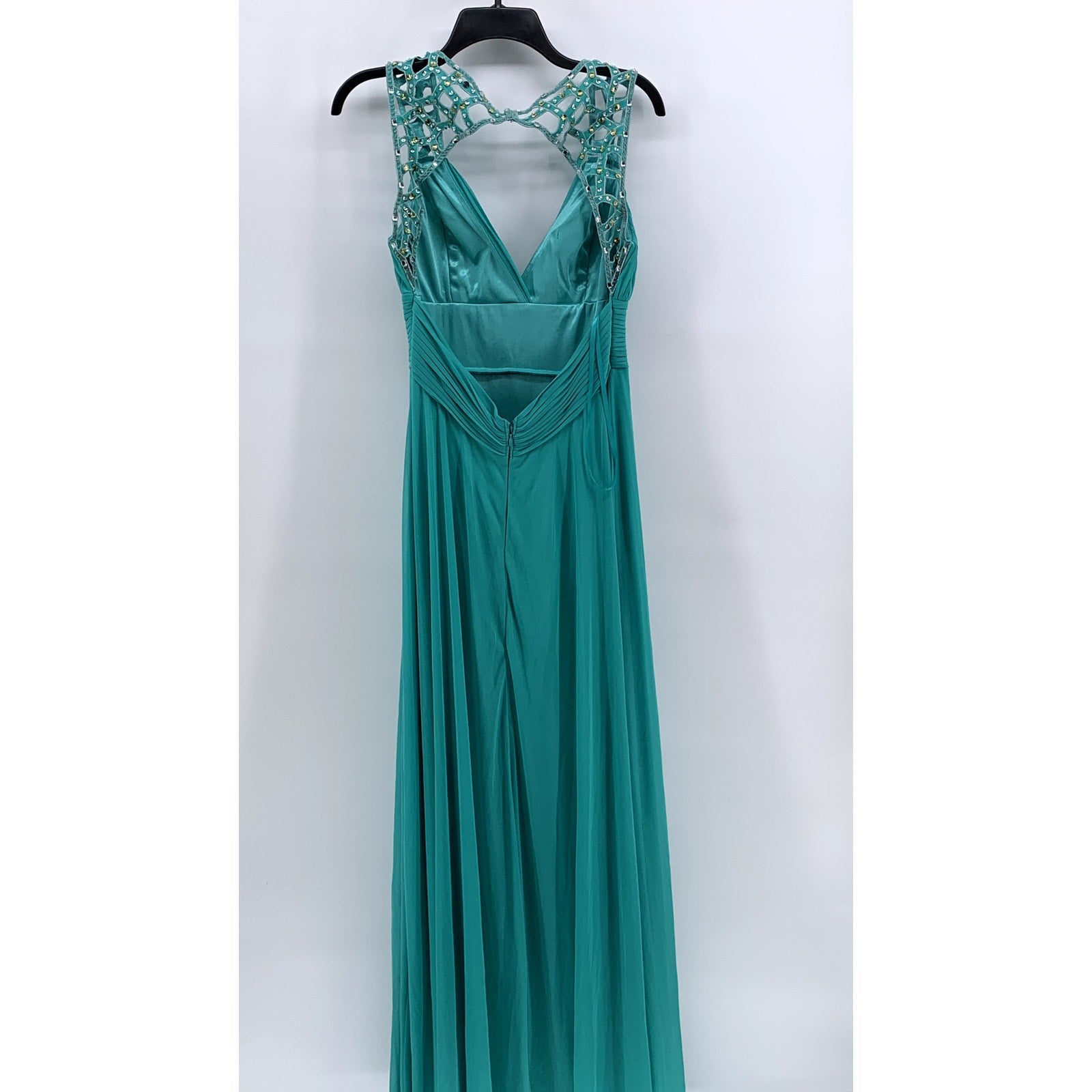 BETSY & ADAM Women's Blue Pleated Rhinestone Cutout Maxi Gown SZ 8