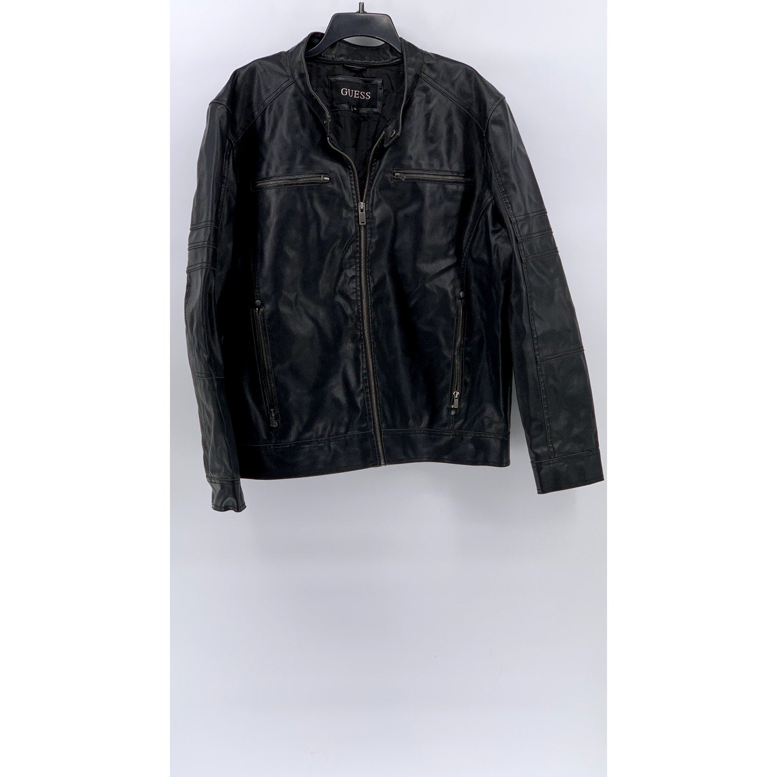 GUESS Men's Black Faux Leather Zip-Up Jacket SZ XL