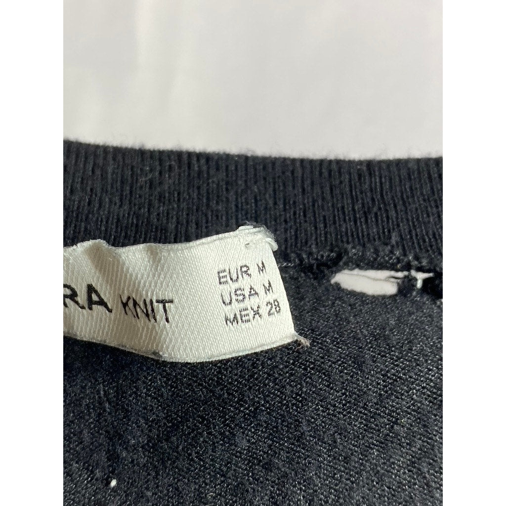 ZARA KNIT Women's Black Crewneck Short Sleeve Top SZ M