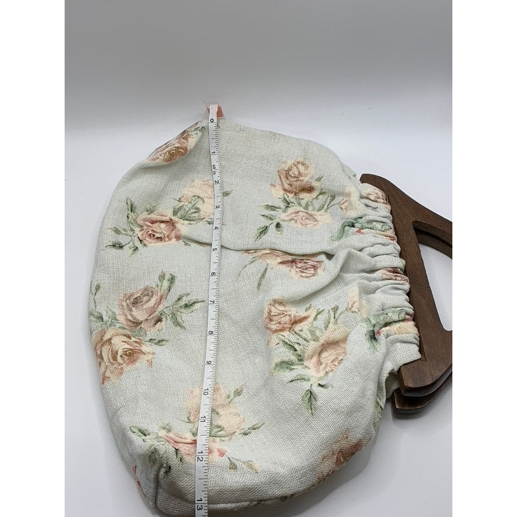UNBRANDED Women's Mint/Brown Floral Print Cotton Canvas Handbag